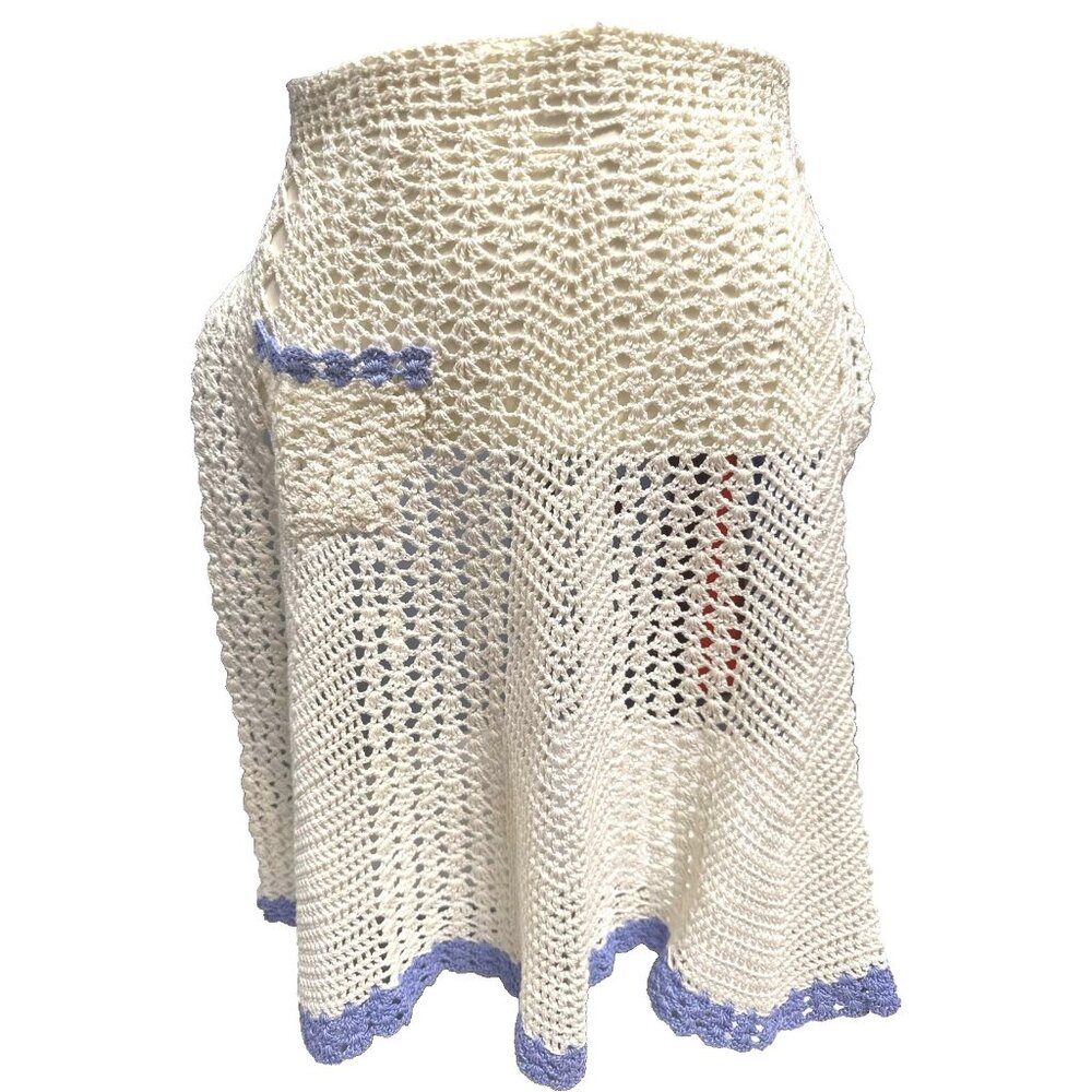 CCC Handmade Crochet Lace Apron Pocket Blue Trim Vintage One Size Fits Most